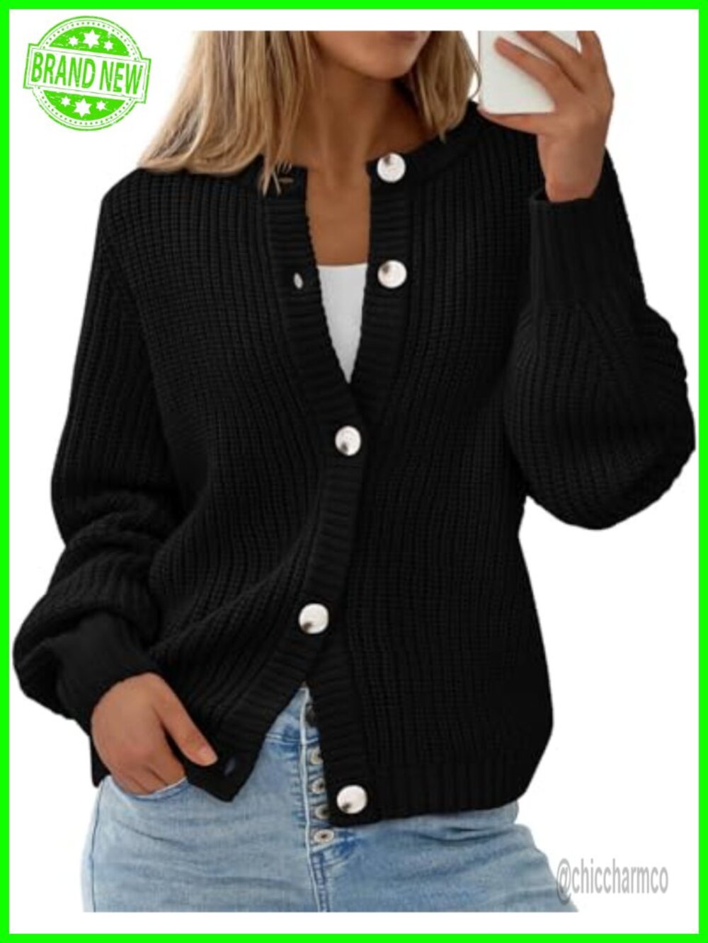 Chunky Knit Button Up Cardigan Sweater Long Sleeve Crewneck